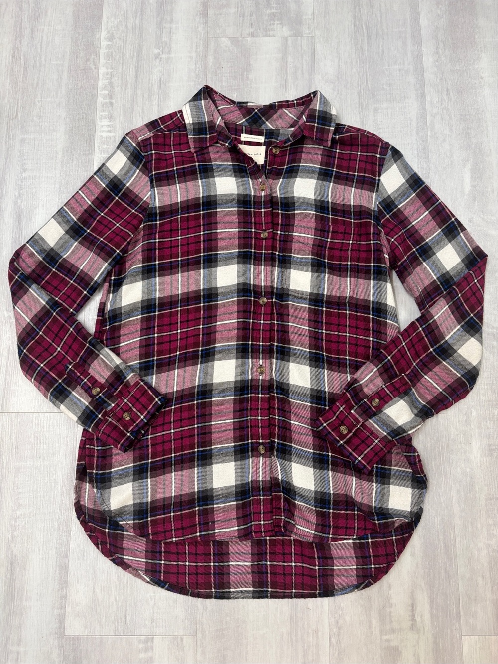 American Eagle Outfitters Boyfriend Fit Burgundy & White Plaid Button-Up Shirt